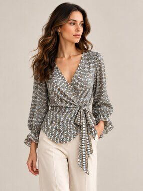 MAX STUDIO | NWT | Green Gold & White Tie Front Patterned Blouse - Large